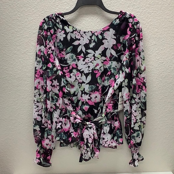 NWT Bar III Floral Smocked Long Sleeve Ruffle Blouse - Picture 4 of 6